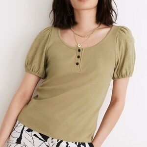 Madewell Eyelet Puff Sleeve Henley Knit Tee Green Size S
